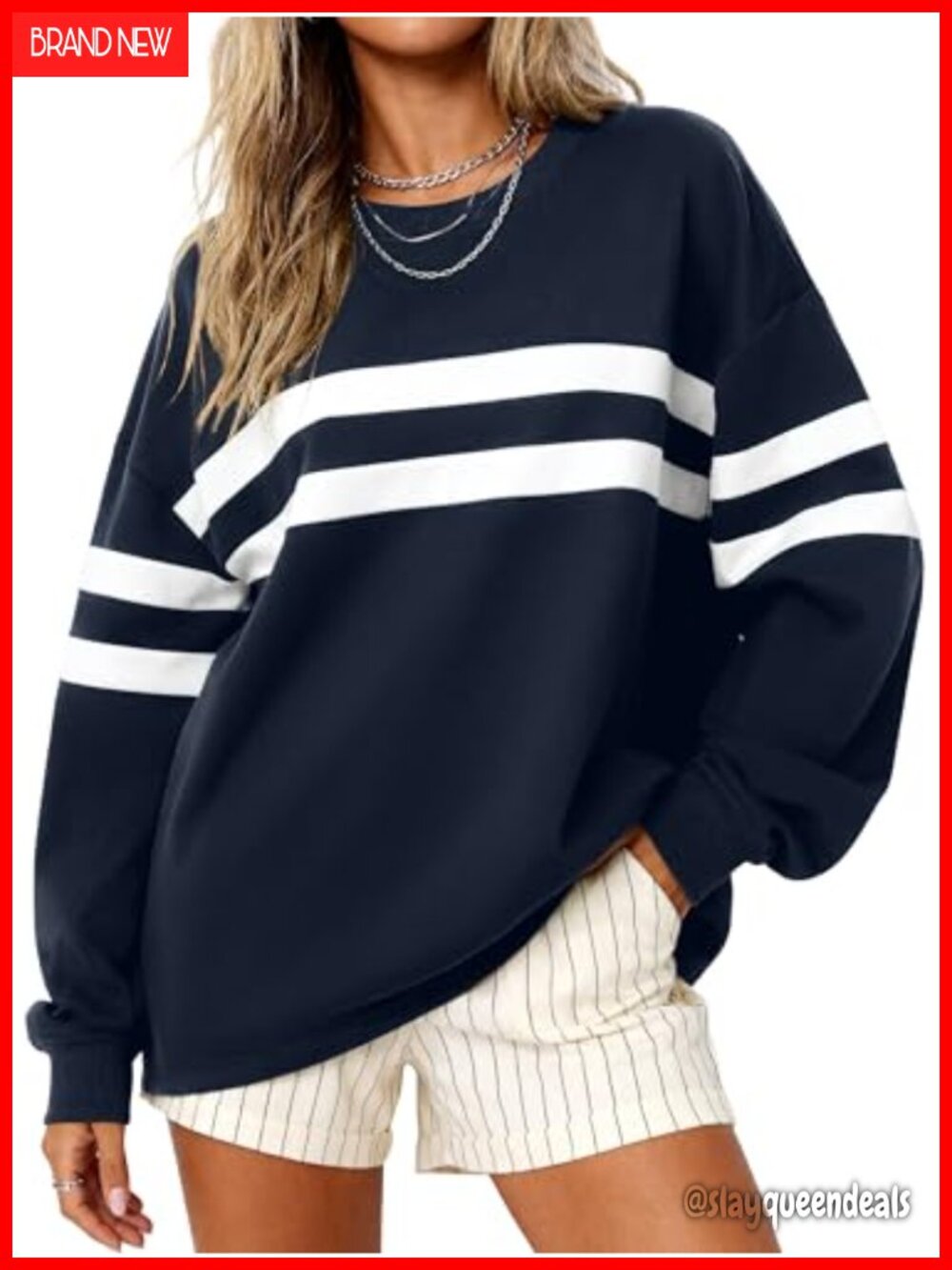Oversized Striped Crewneck Sweatshirt Long Sleeve Pullover